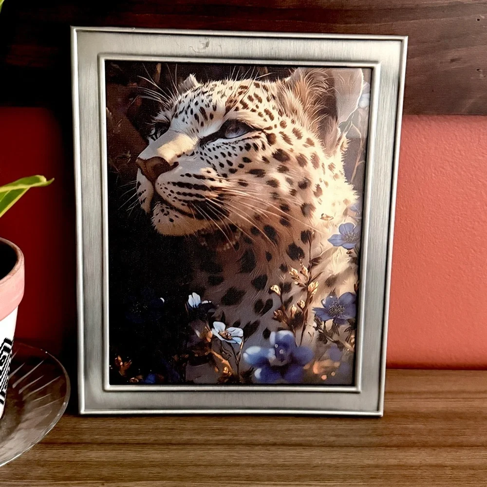 Leopard Blue Floral Animal Big Cat Canvas Art Print Silver Metal Framed Wall Art